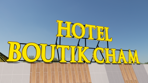 bộ chữ quảng cáo khách sạn Hotel mặt Mica lọng viền Inox gương vàng